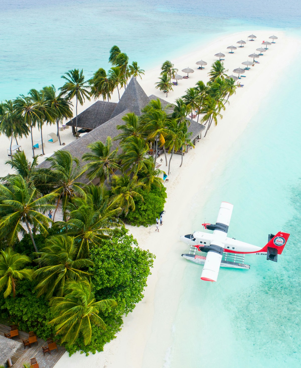 Maldives overwater villas at dusk